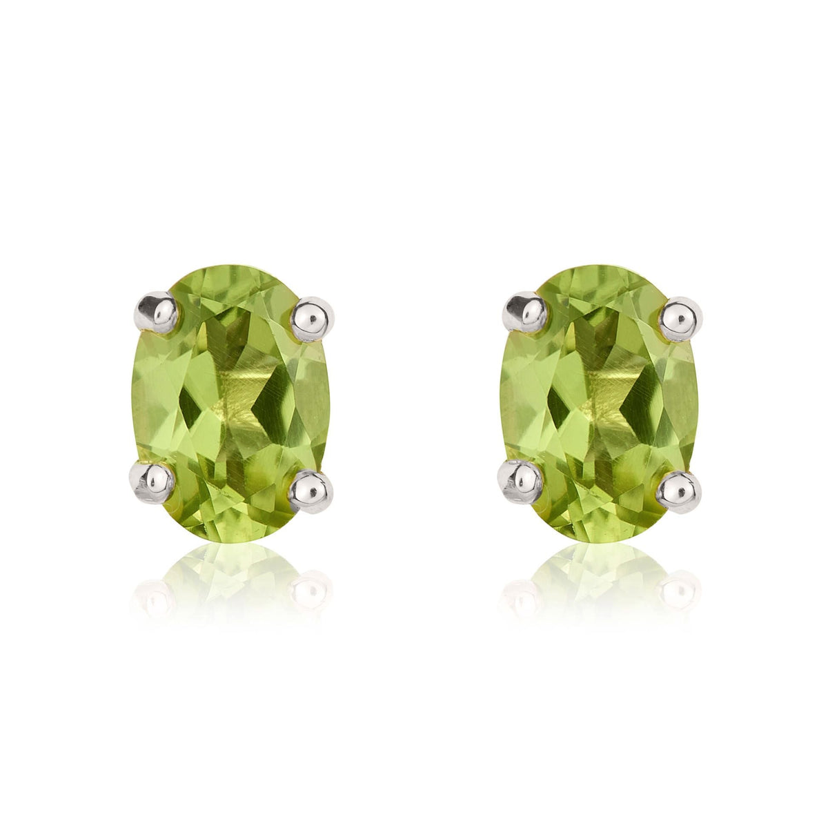 9ct White Gold Oval Natural Peridot Claw Stud Earrings — 7x5mm