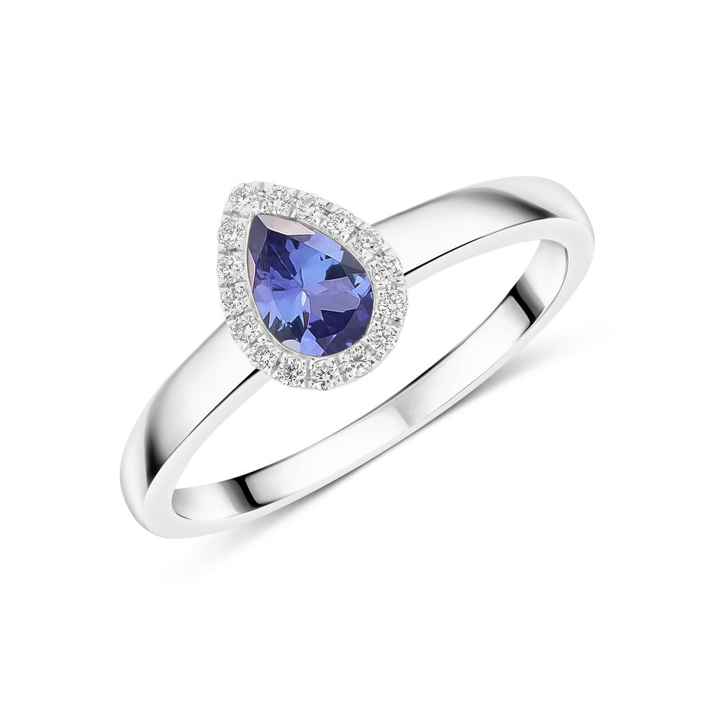 18ct White Gold Pear Shape Tanzanite and Diamond Microset Cluster Ring — 6x4mm