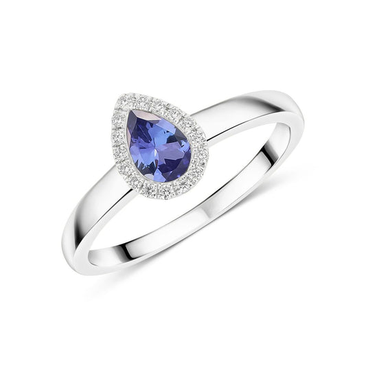 18ct White Gold Pear Shaped Natural Tanzanite and Diamond Halo Cluster Ring — 6x4mm