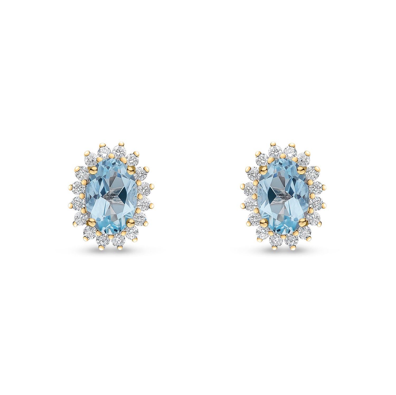 18ct Yellow Gold Oval Natural Aquamarine and Round Diamond Claw Set Cluster Stud Earrings — 6x4mm
