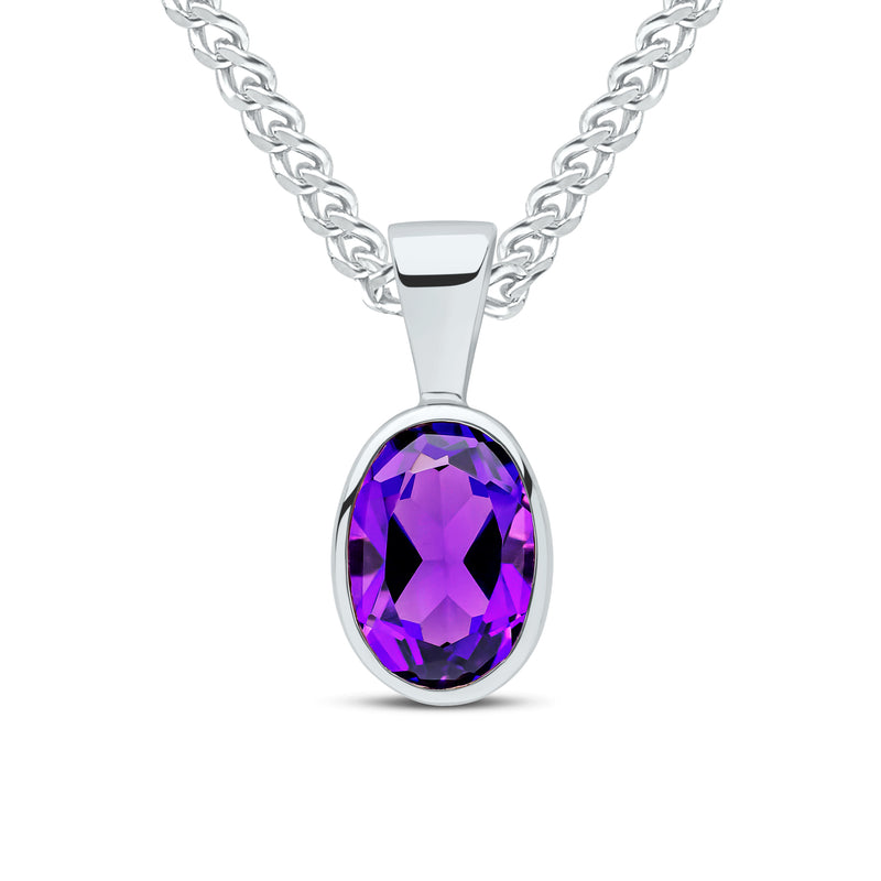 9ct White Gold Oval Natural Amethyst Rubover Pendant — 7x5mm