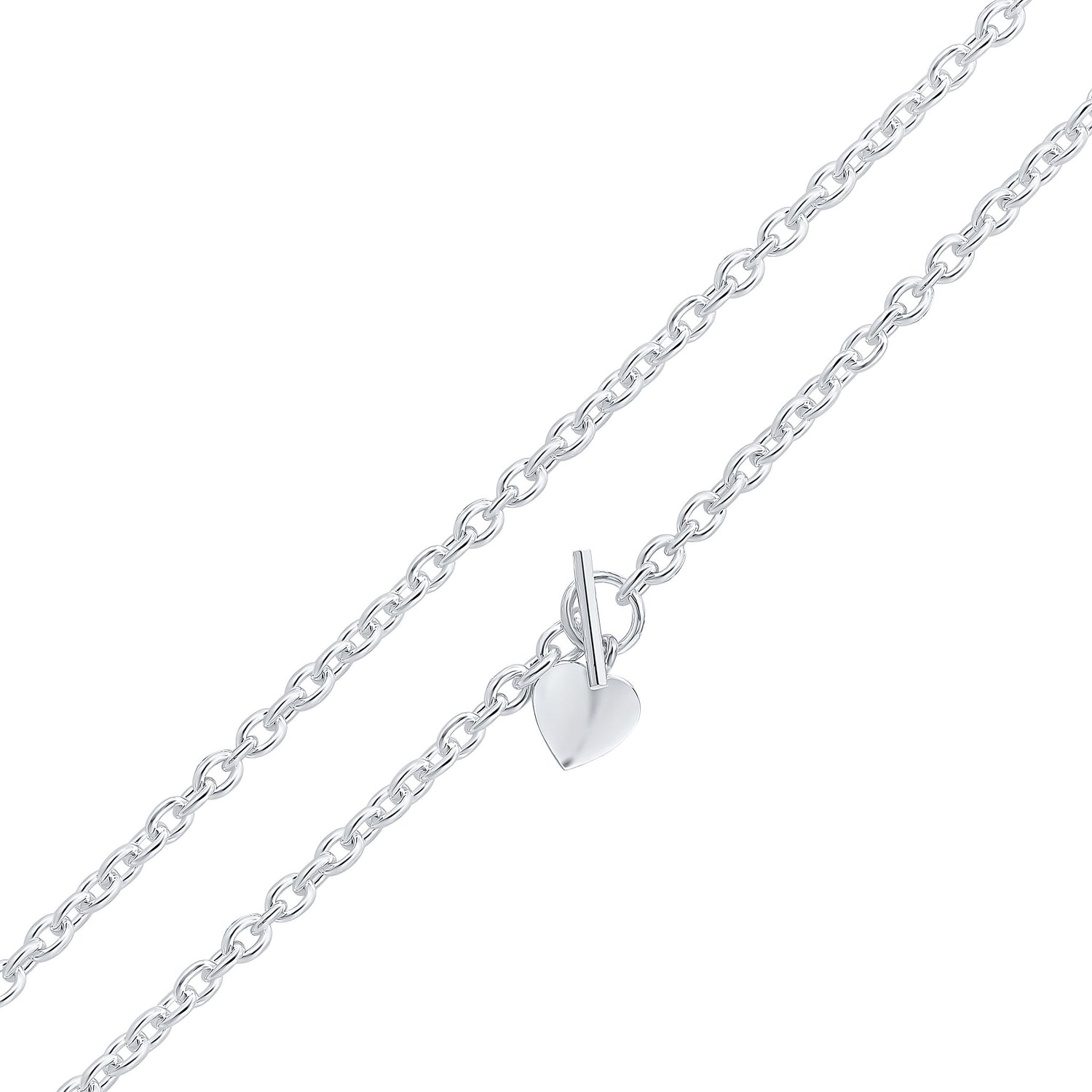 Sterling Silver 6mm Cable Necklace with T-Bar & Heart Charm