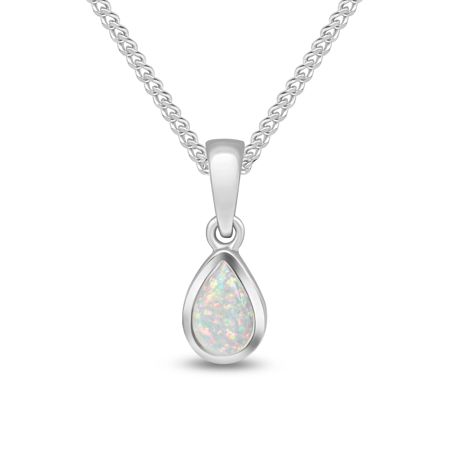 9ct White Gold Pear Shaped Natural Opal Rubover Pendant — 6x4mm