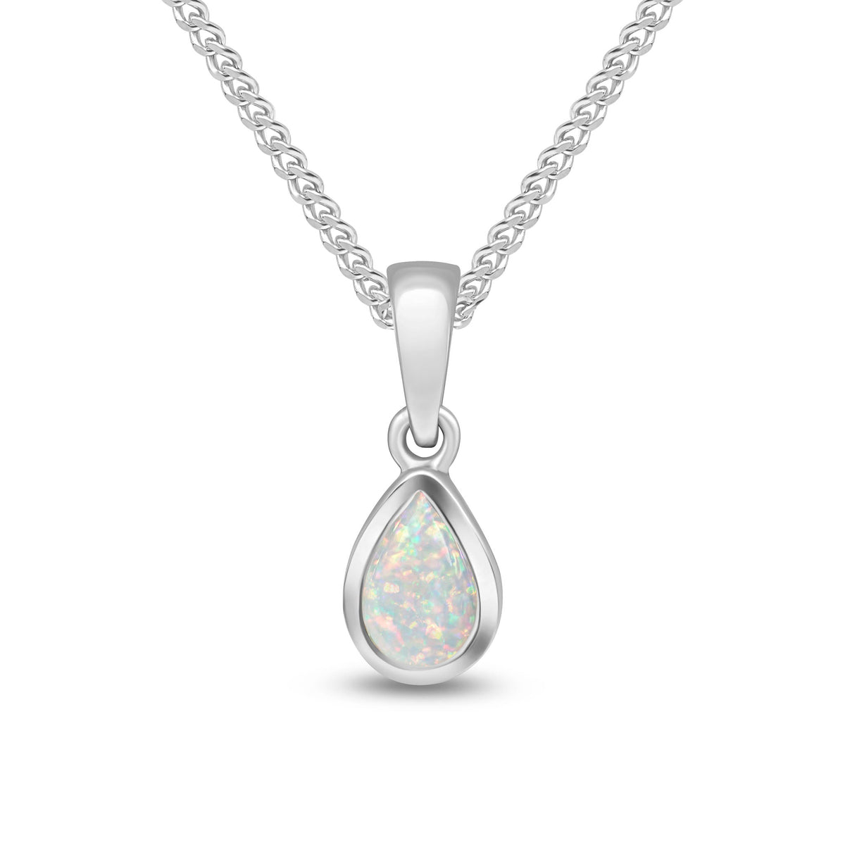 9ct White Gold Pear Shaped Natural Opal Rubover Pendant — 6x4mm