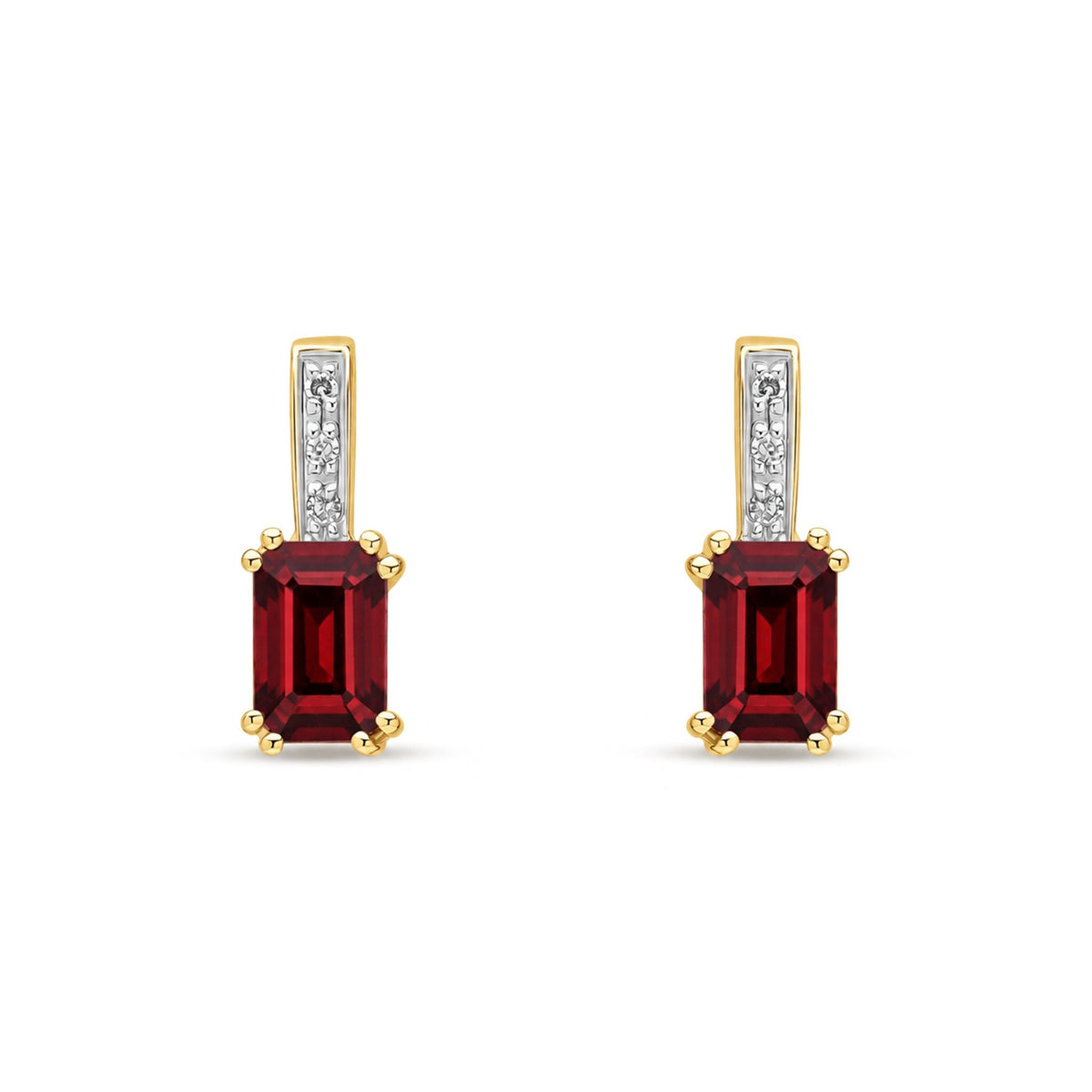 9ct Yellow Gold Octagonal Natural Garnet & Diamond Drop Earrings — 6x4mm