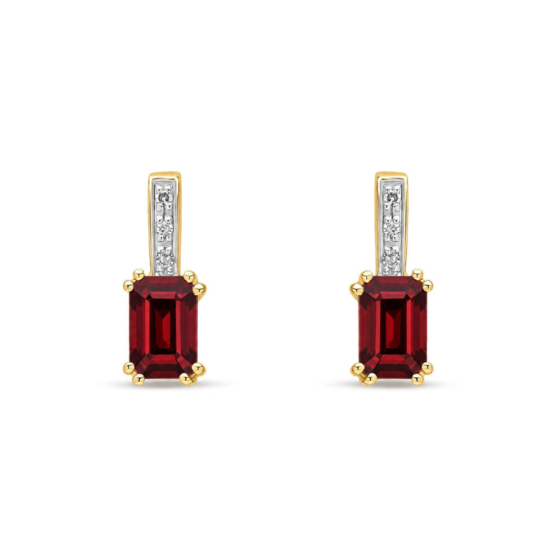 9ct Yellow Gold Octagonal Natural Garnet & Diamond Drop Earrings — 6x4mm