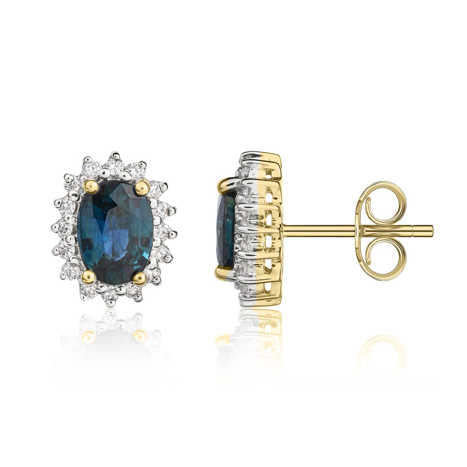 9ct Yellow Gold Oval Natural Sapphire and Diamond Cluster Earrings — 7x5mm