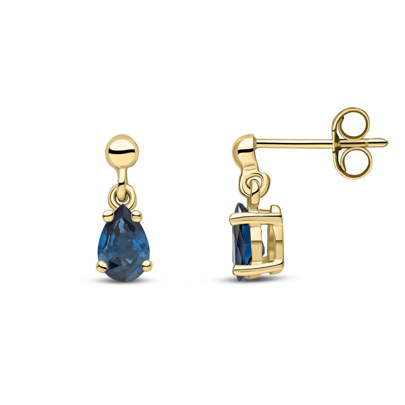 9ct Yellow Gold Pear Shaped Natural Sapphire Claw Drop Earrings — 6x4mm