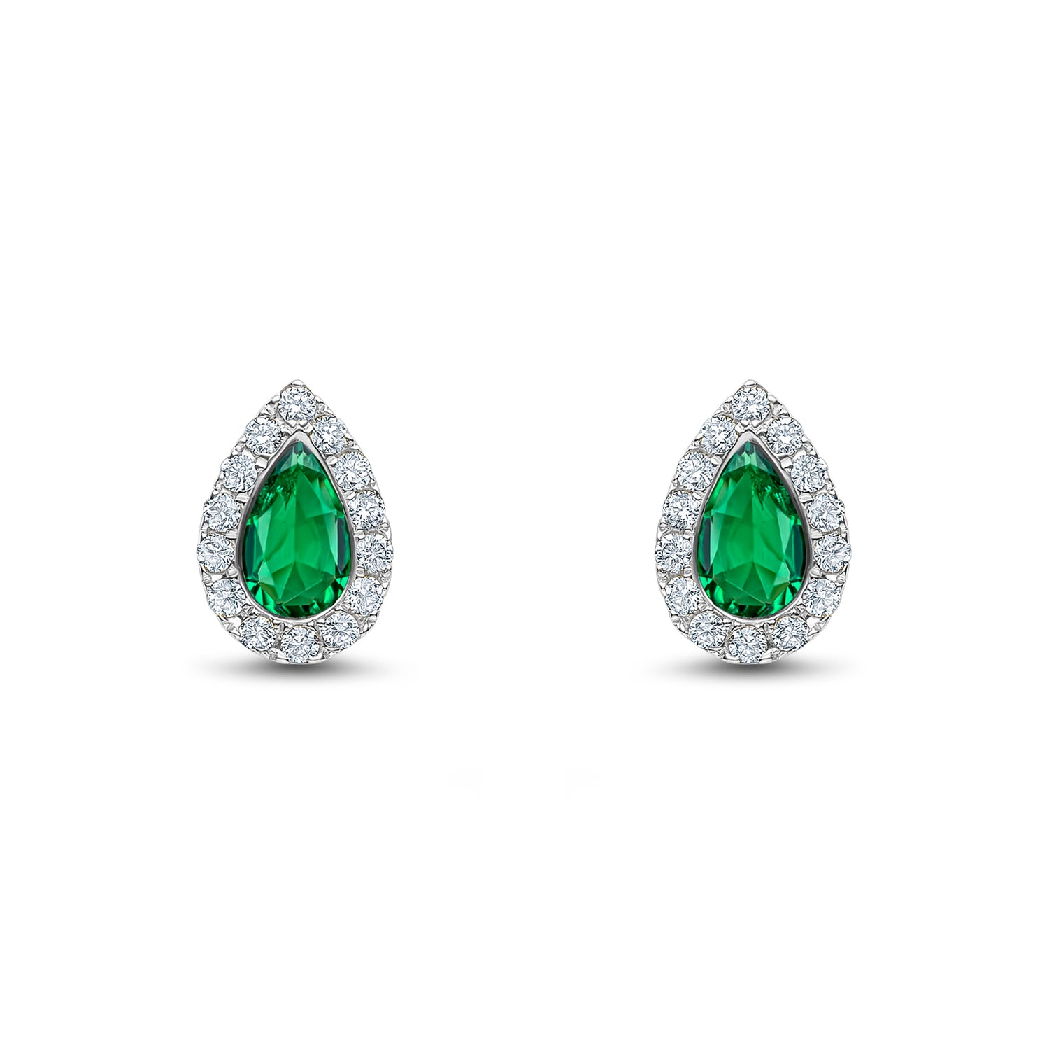 18ct White Gold Pear Shaped Natural Emerald and Diamond Cluster Stud Earrings — 5x3mm