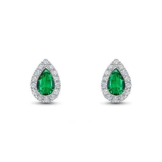 18ct White Gold Pear Shaped Natural Emerald and Diamond Cluster Stud Earrings — 5x3mm