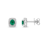 9ct White Gold Oval Natural Emerald & Diamond Cushion Cluster Stud Earrings — 4x3mm