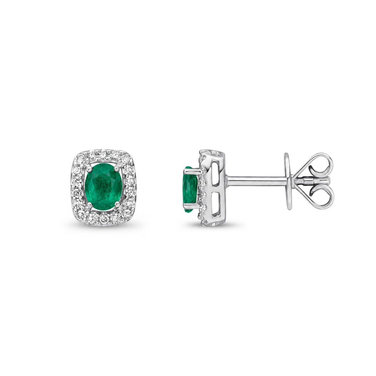 9ct White Gold Oval Natural Emerald & Diamond Cushion Cluster Stud Earrings — 4x3mm