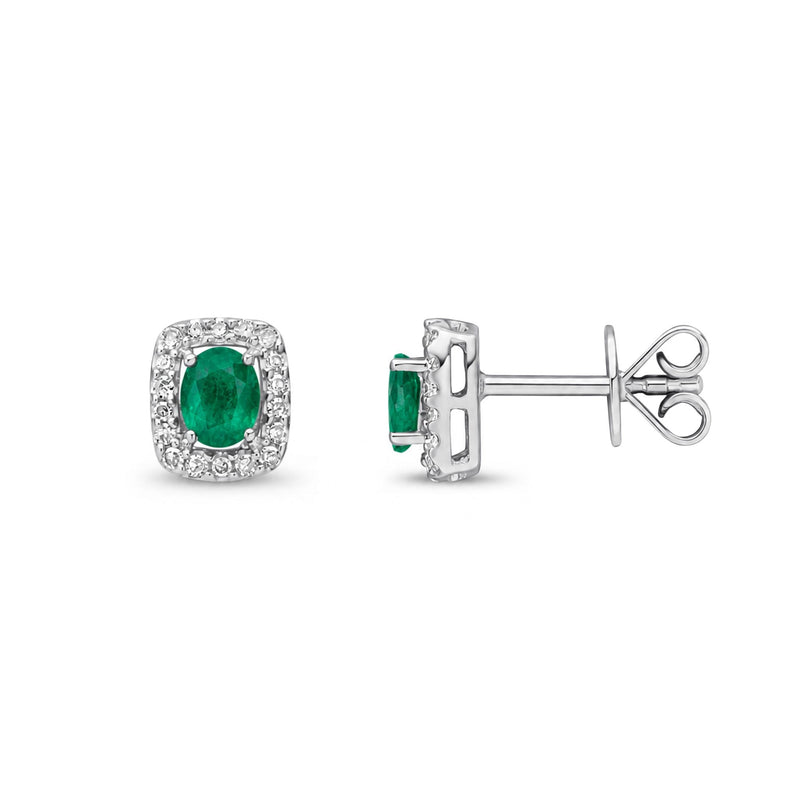 9ct White Gold Oval Natural Emerald & Diamond Cushion Cluster Stud Earrings — 4x3mm