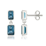 9ct White Gold Octagonal Emerald Cut Natural London Blue Topaz Double Stone Rubover Drop Earrings