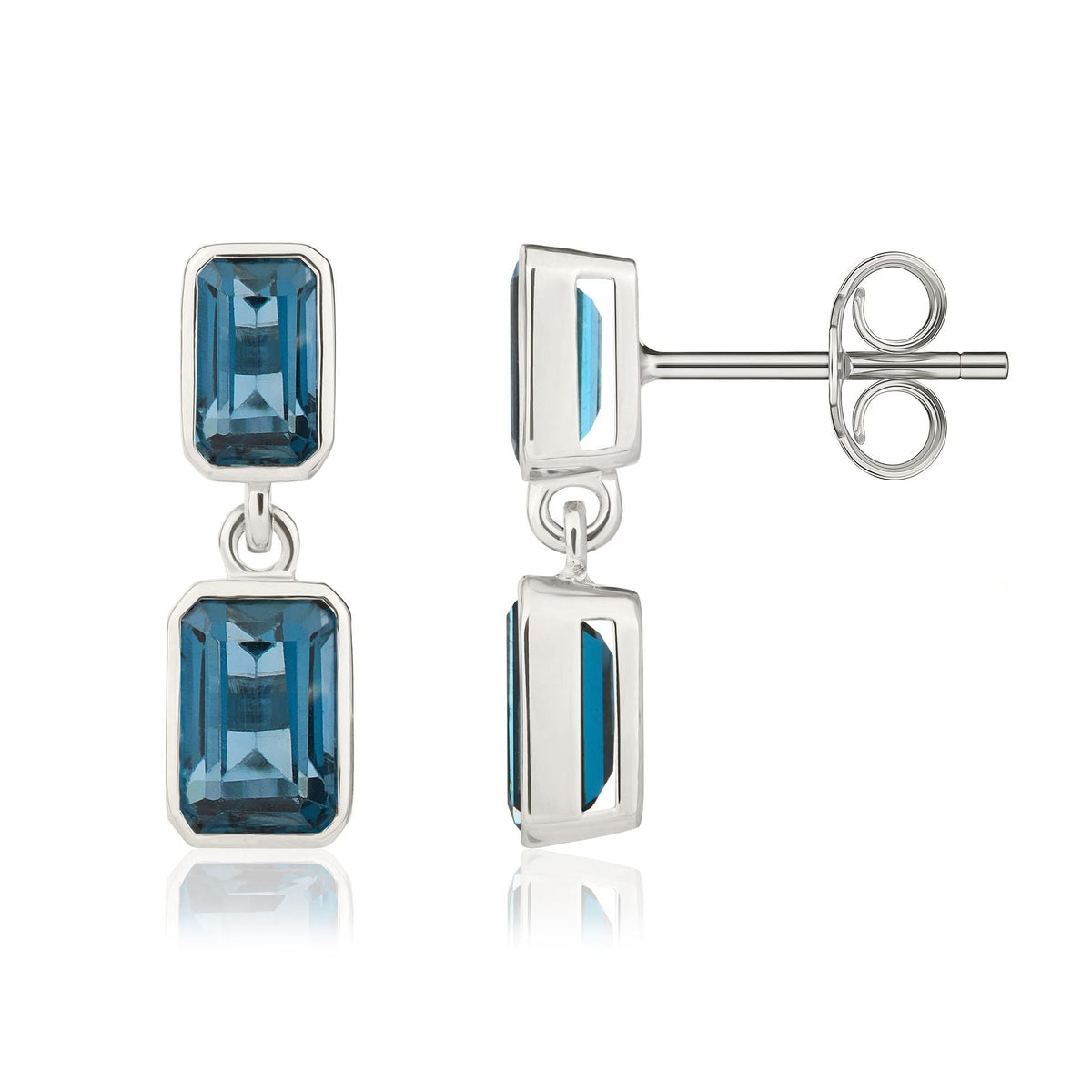 9ct White Gold Octagonal Emerald Cut Natural London Blue Topaz Double Stone Rubover Drop Earrings