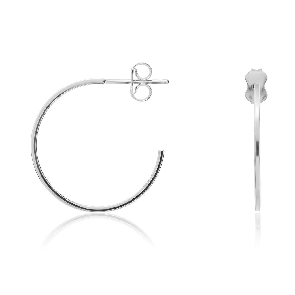 9ct White Gold Thin Square Tube Hoop Earrings with Peg and Scroll Fittings — 22mm