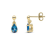 9ct Yellow Gold Pear Shaped Natural London Blue Topaz Claw Drop Earrings — 6x4mm
