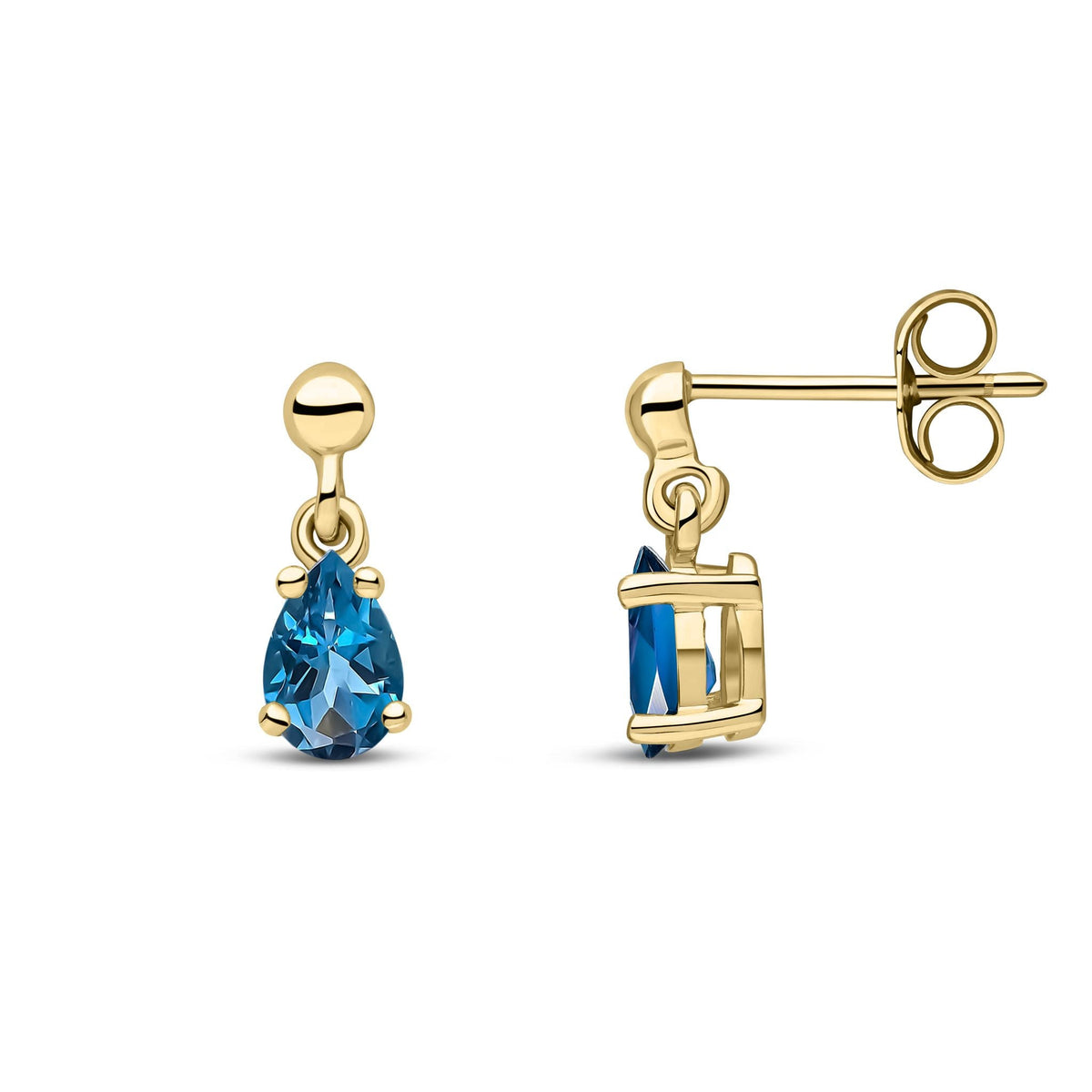 9ct Yellow Gold Pear Shaped Natural London Blue Topaz Claw Drop Earrings — 6x4mm