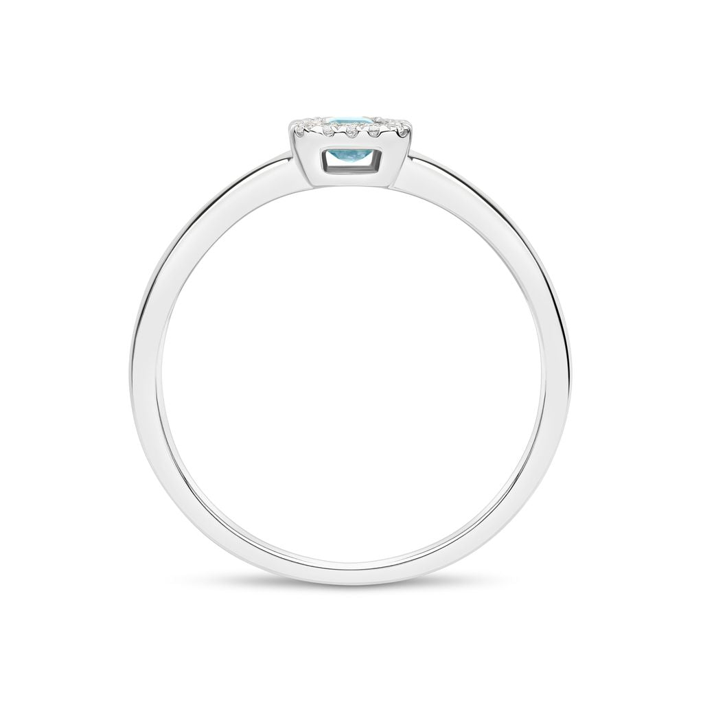 18ct White Gold Emerald Cut Aquamarine and Diamond Microset Cluster Ring — 5x3mm