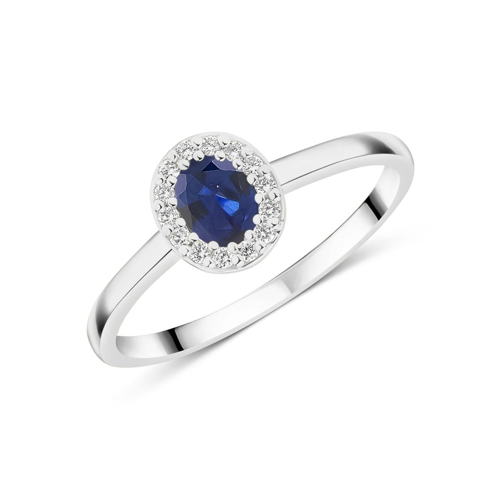 18ct White Gold Oval Sapphire and Diamond Microset Cluster Ring — 5x4mm