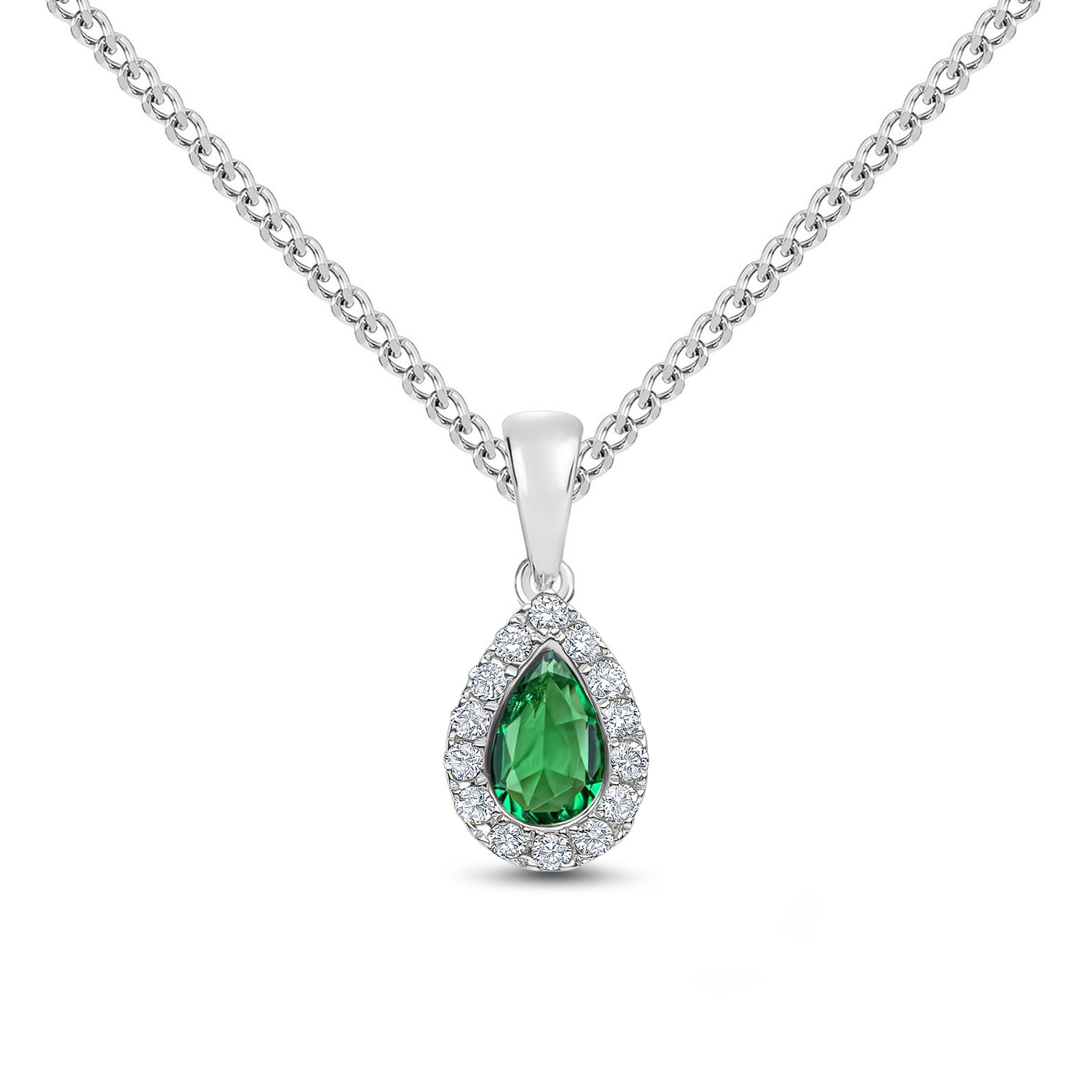 18ct White Gold Pear Shaped Natural Emerald and Round Diamond Microset Cluster Pendant — 6x4mm