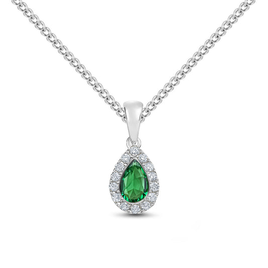 18ct White Gold Pear Shaped Natural Emerald and Round Diamond Microset Cluster Pendant — 6x4mm