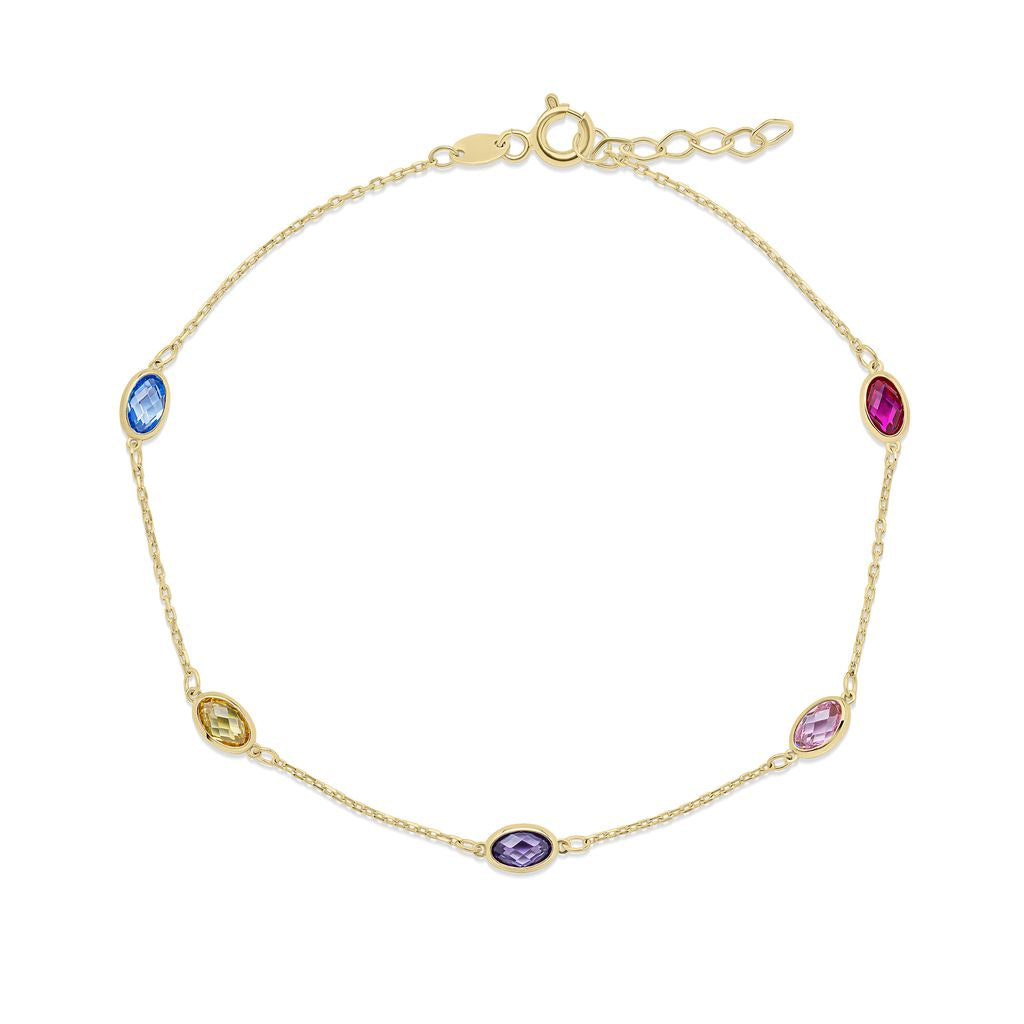 9ct Yellow Gold Multi-Coloured Cubic Zirconia CZ Oval Station Bracelet