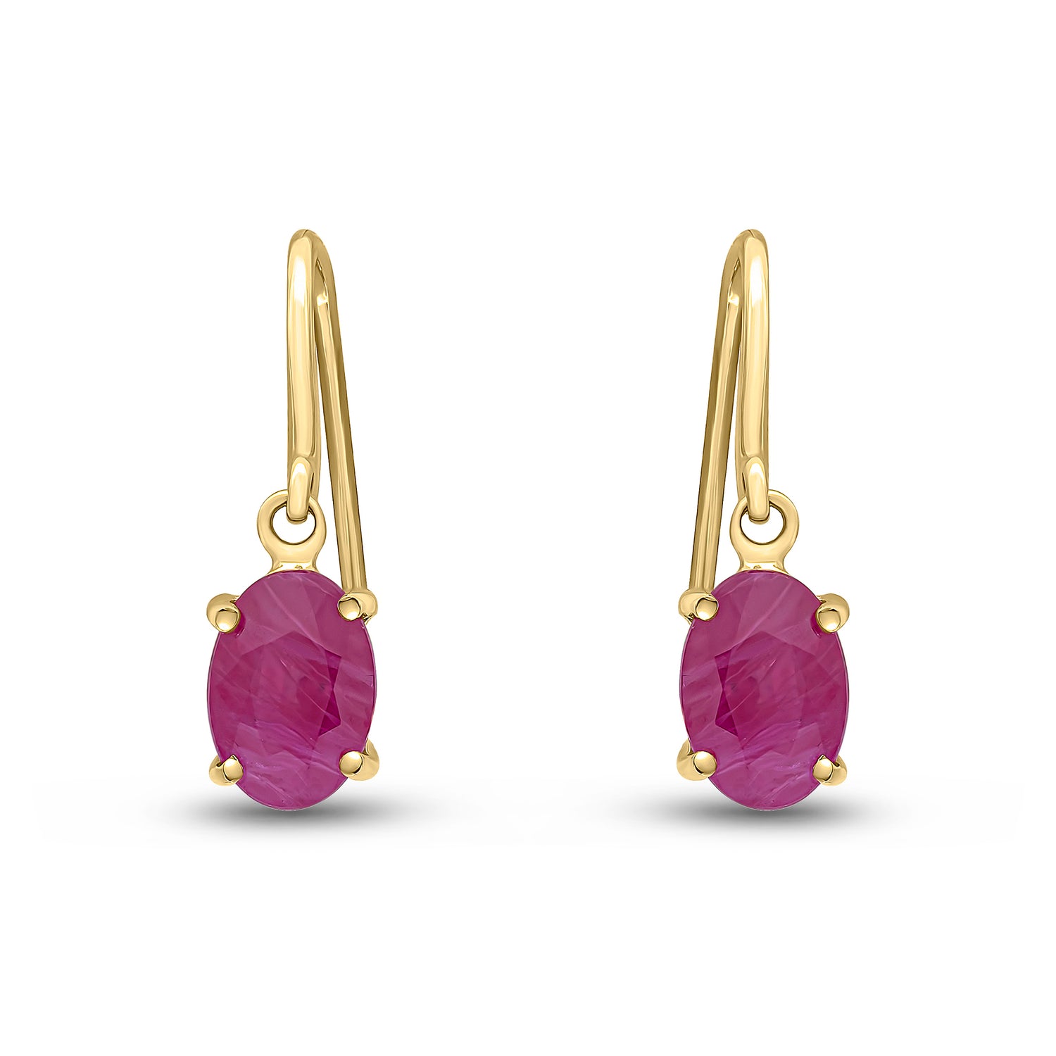9ct Yellow Gold Oval Natural Ruby Claw Hook Wire Drop Earrings — 7x5mm
