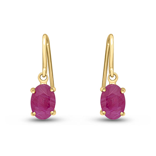 9ct Yellow Gold Oval Natural Ruby Claw Hook Wire Drop Earrings — 7x5mm