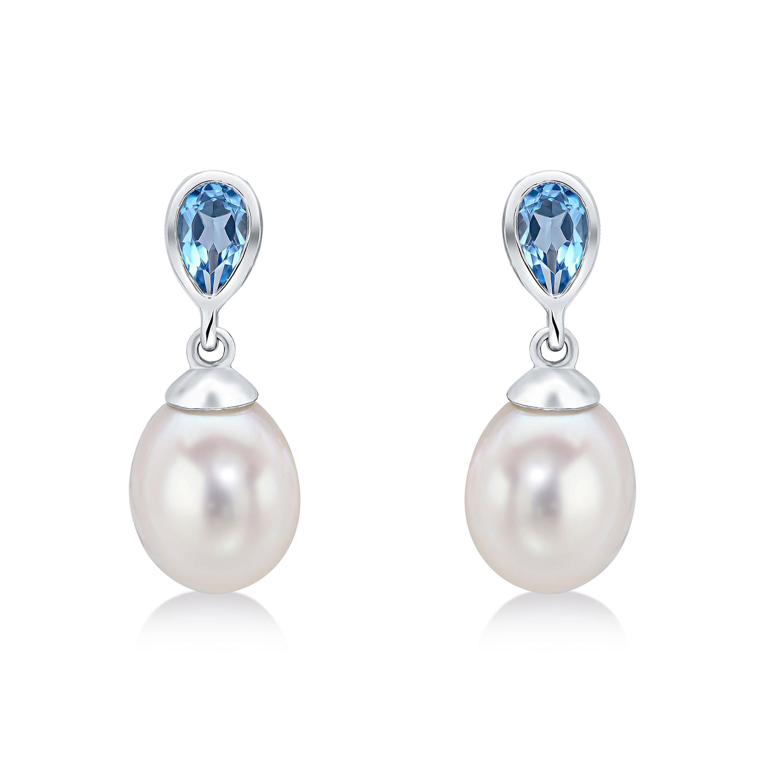 9ct White Gold Pearl and Natural Swiss Blue Topaz Drop Earrings — 3x5mm
