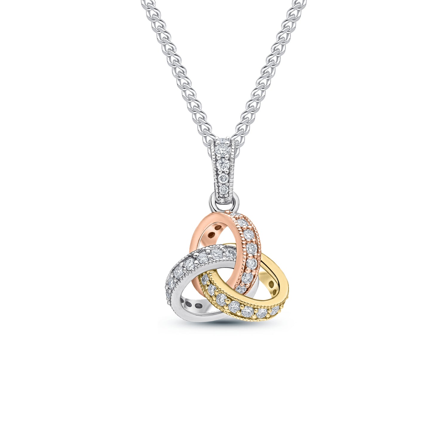 18ct White, Yellow and Rose Gold Natural Grain Set Diamond Knot Pendant —11mm
