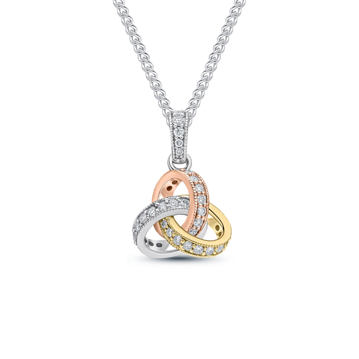 18ct Yellow, White and Rose Gold Diamond Grain Set Knot Pendant with Diamond Set Loop — 11mm