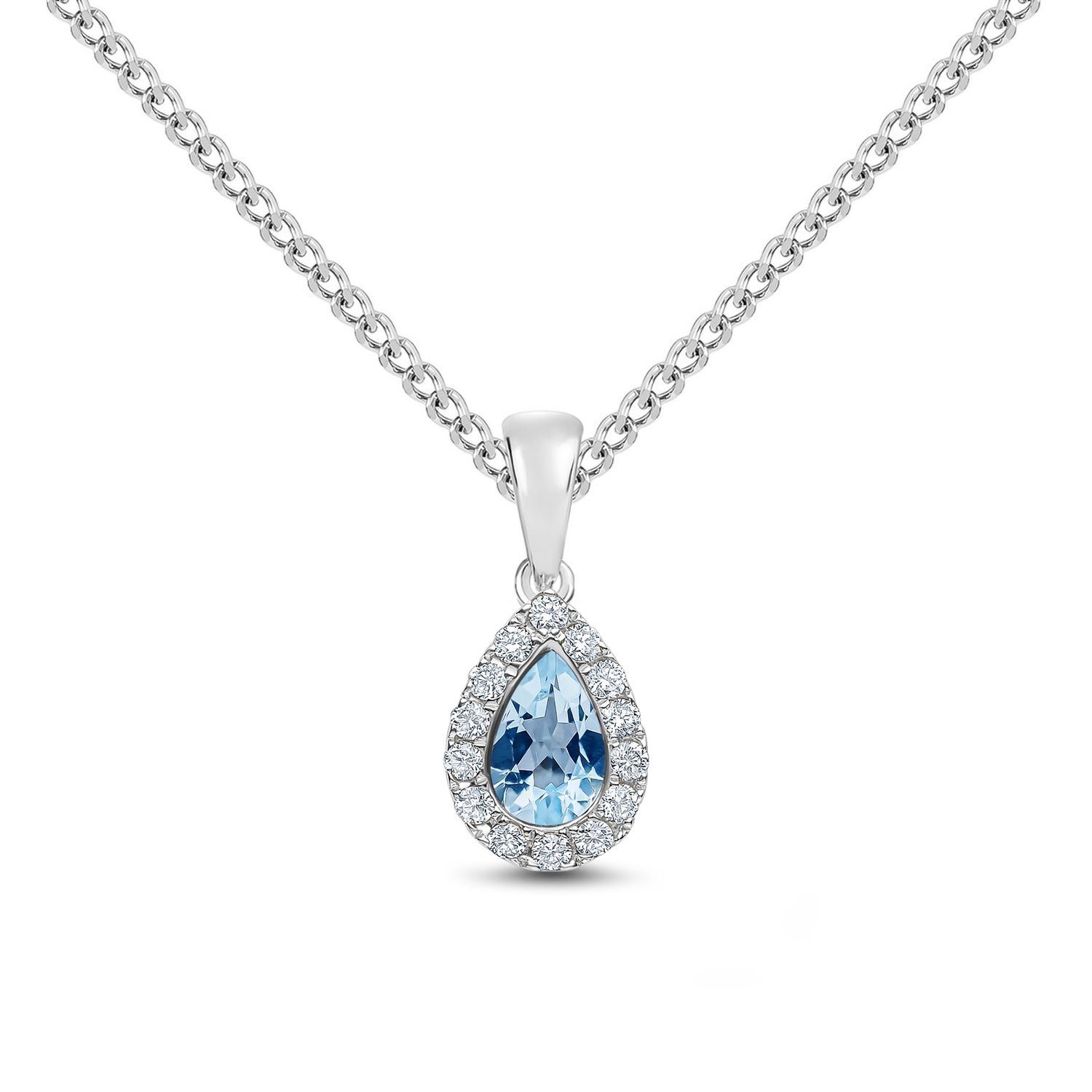 18ct White Gold Pear Shaped Natural Aquamarine and Round Diamond Microset Cluster Pendant — 6x4mm