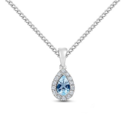 18ct White Gold Pear Shaped Natural Aquamarine and Round Diamond Microset Cluster Pendant — 6x4mm
