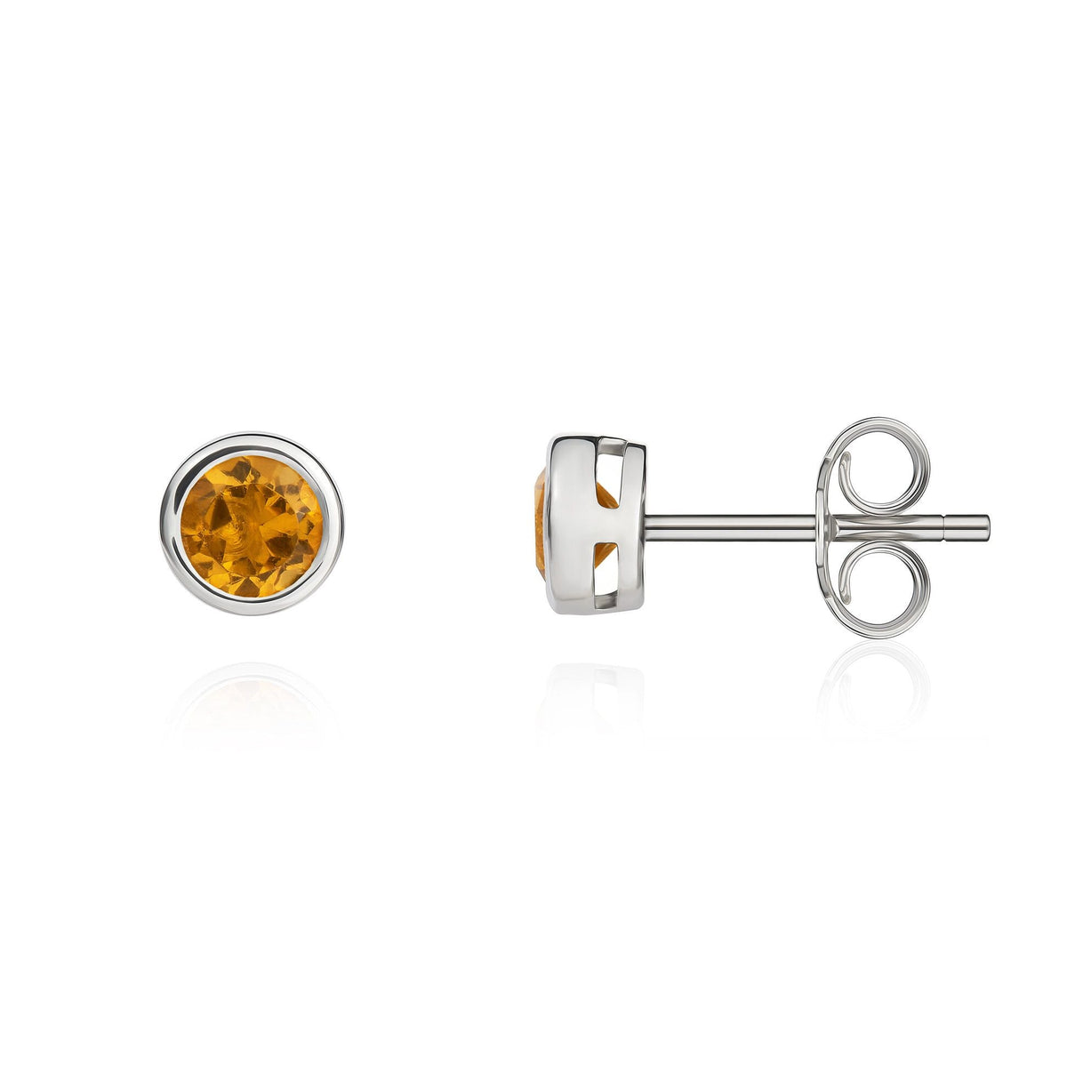 9ct White Gold Round Natural Citrine Rubover Stud Earrings — 4mm
