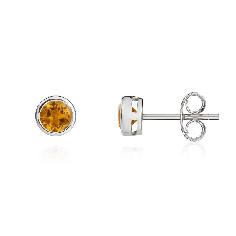 9ct White Gold Round Natural Citrine Rubover Stud Earrings — 4mm