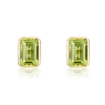 9ct Yellow Gold Octagonal Emerald Cut Natural Peridot Rubover Stud Earrings — 7x5mm