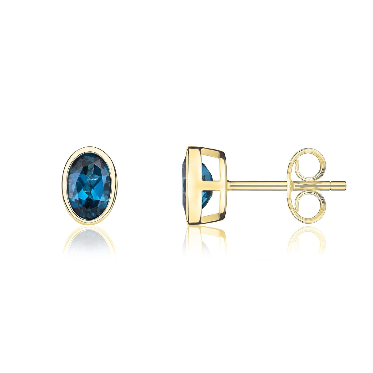 9ct Yellow Gold Oval Natural London Blue Topaz Rubover Stud Earrings — 6x4mm