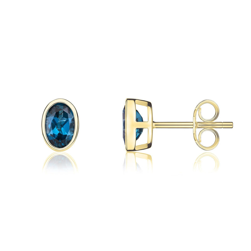 9ct Yellow Gold Oval Natural London Blue Topaz Rubover Stud Earrings — 6x4mm
