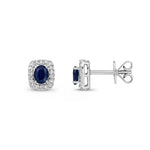 9ct White Gold Oval Natural Sapphire & Diamond Cushion Cluster Stud Earrings — 4x3mm