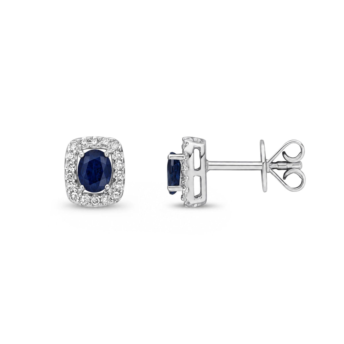 9ct White Gold Oval Natural Sapphire & Diamond Cushion Cluster Stud Earrings — 4x3mm