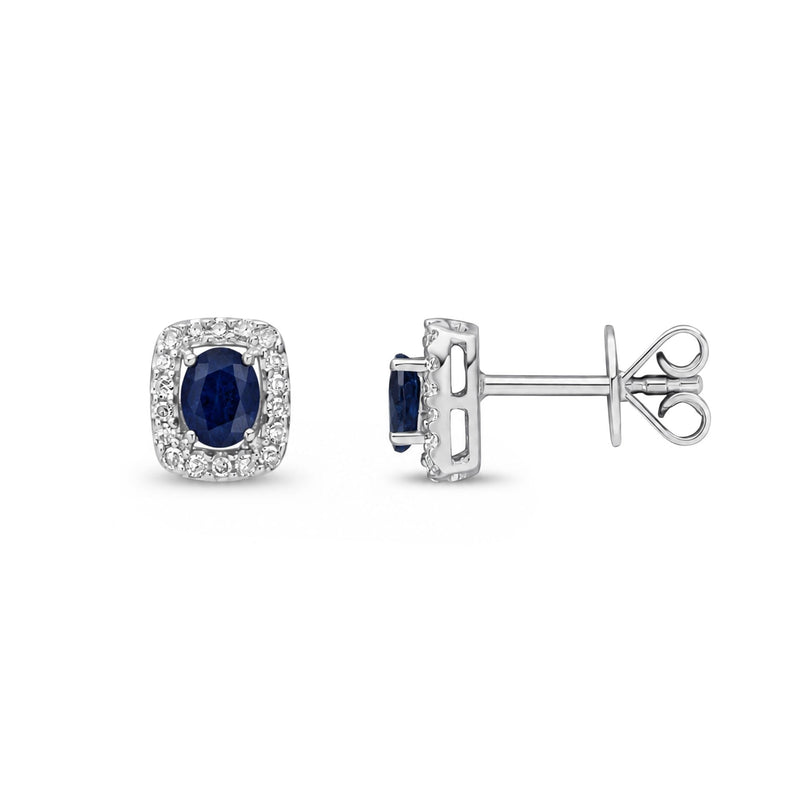 9ct White Gold Oval Natural Sapphire & Diamond Cushion Cluster Stud Earrings — 4x3mm