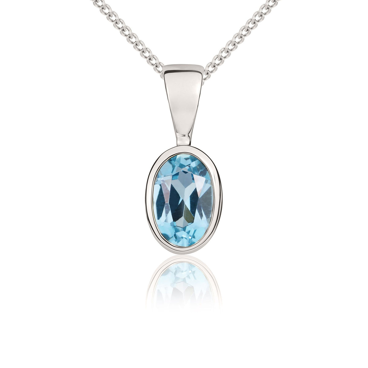 9ct White Gold Oval Natural Swiss Blue Topaz Rubover Pendant — 6x4mm