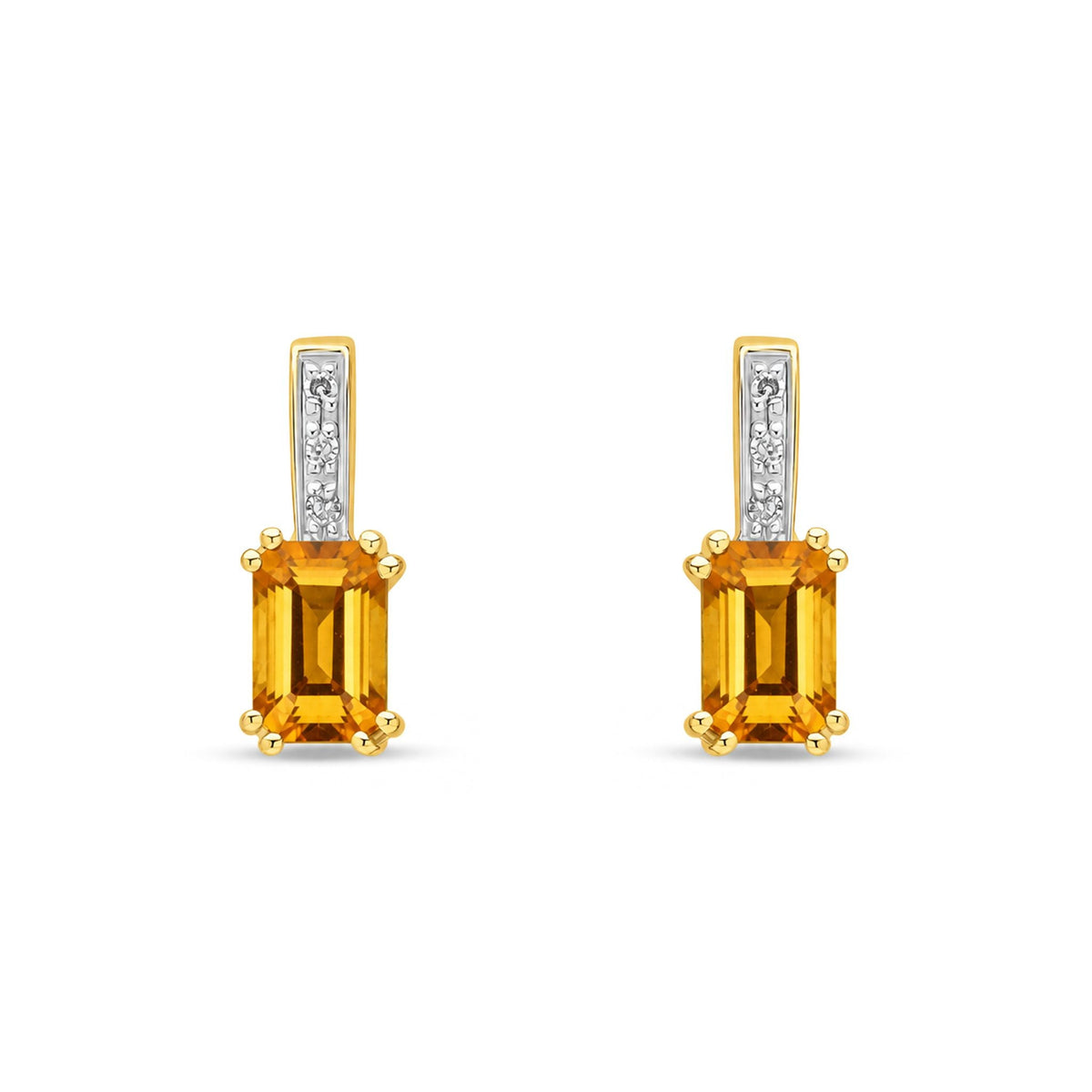 9ct Yellow Gold Octagonal Natural Citrine & Diamond Drop Earrings — 6x4mm
