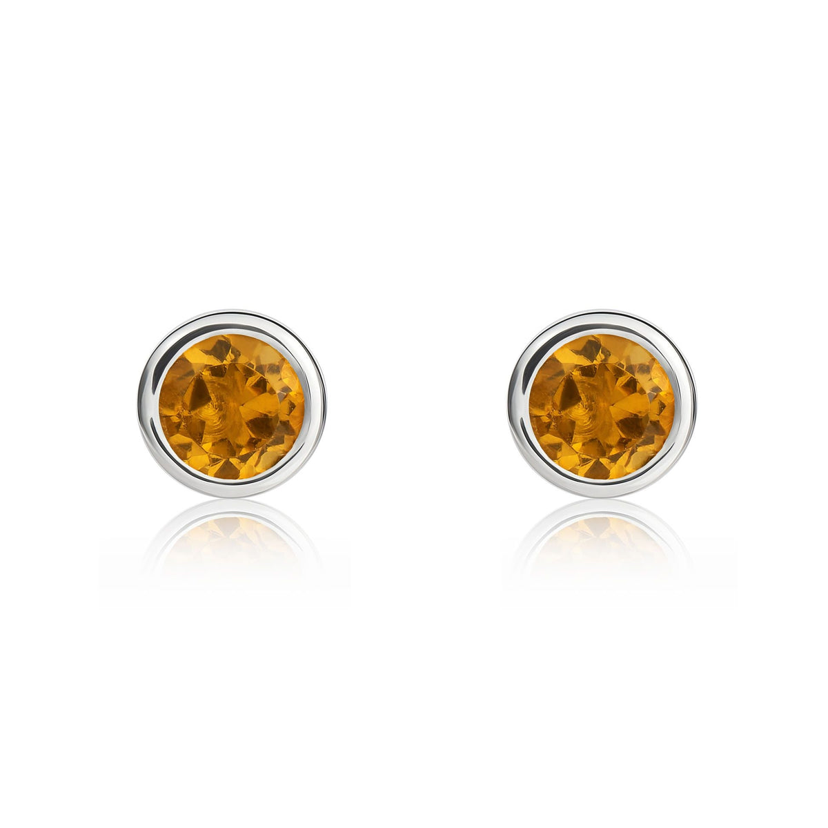 9ct White Gold Round Natural Citrine Rubover Stud Earrings — 4mm