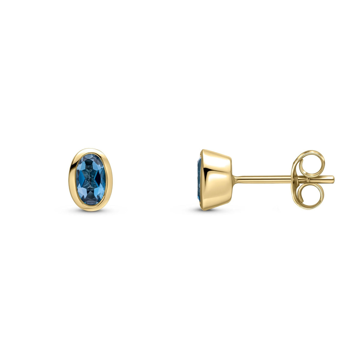 9ct Yellow Gold Oval Natural London Blue Topaz Rubover Stud Earrings — 5x3mm