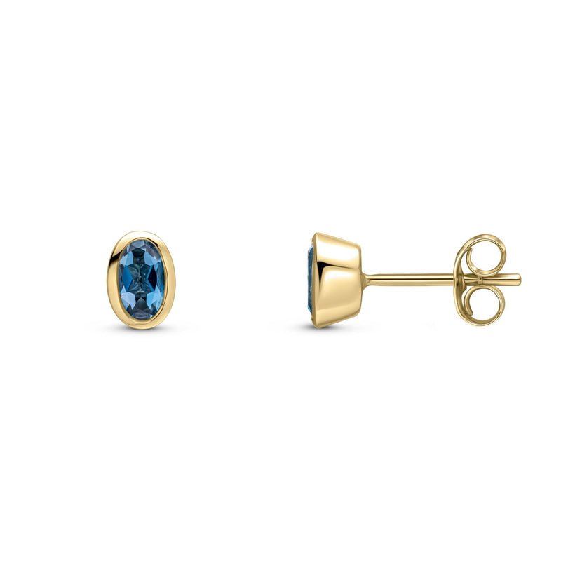 9ct Yellow Gold Oval Natural London Blue Topaz Rubover Stud Earrings — 5x3mm