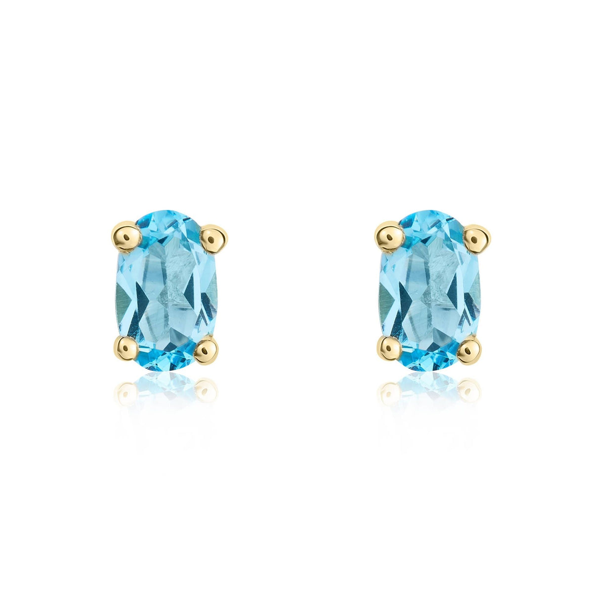9ct Yellow Gold Oval Natural Swiss Blue Topaz Claw Set Stud Earrings — 6x4mm
