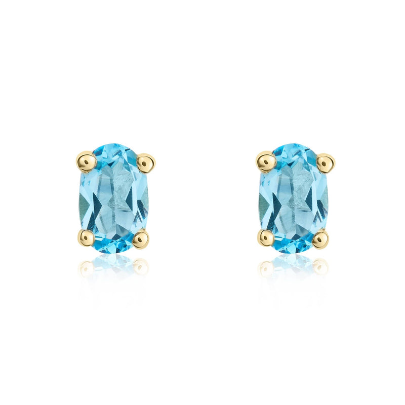 9ct Yellow Gold Oval Natural Swiss Blue Topaz Claw Set Stud Earrings — 6x4mm