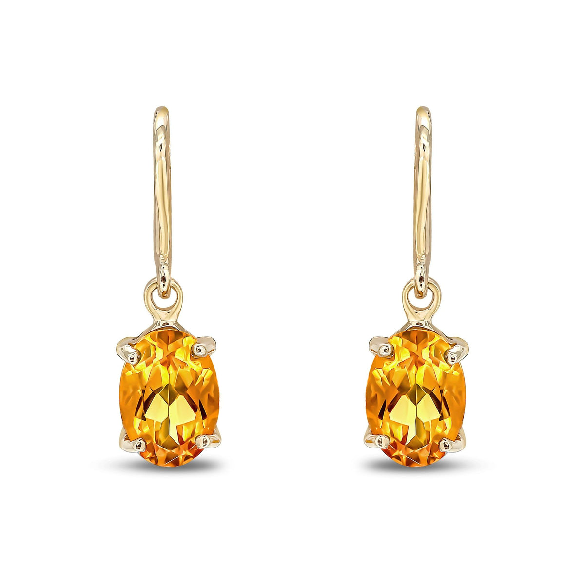 9ct Yellow Gold Oval Natural Citrine Claw Hook Wire Drop Earrings — 7x5mm